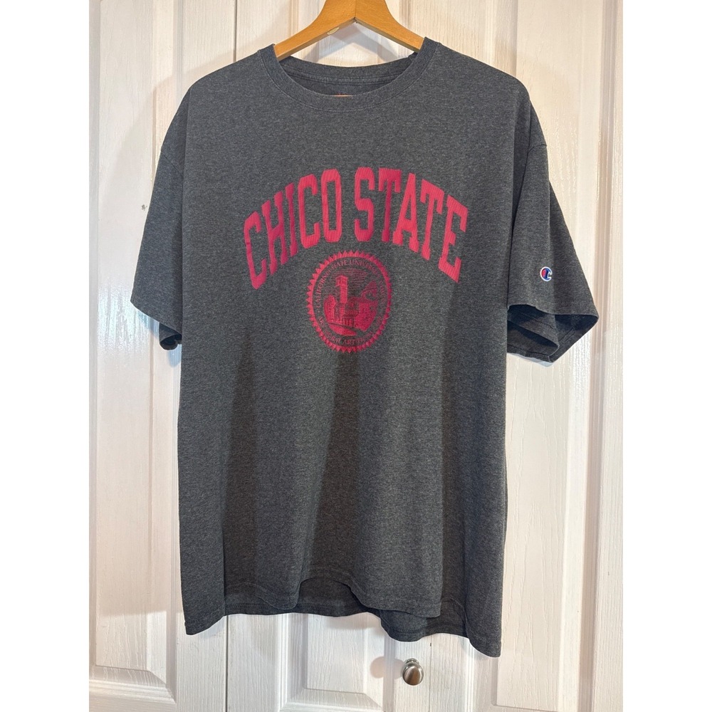 Champion‎ Chico State University T-Shirt Mens XL Charcoal Gray Pink Graphic Tee